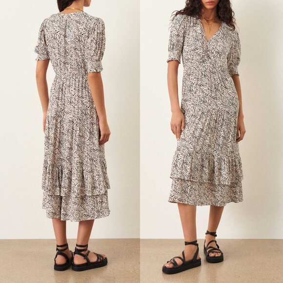 ba&sh Dresses & Skirts - ba&sh Ivika Midi Dress Size L Ruffle V Neck Animal Print Viscose Crepe Boho $250